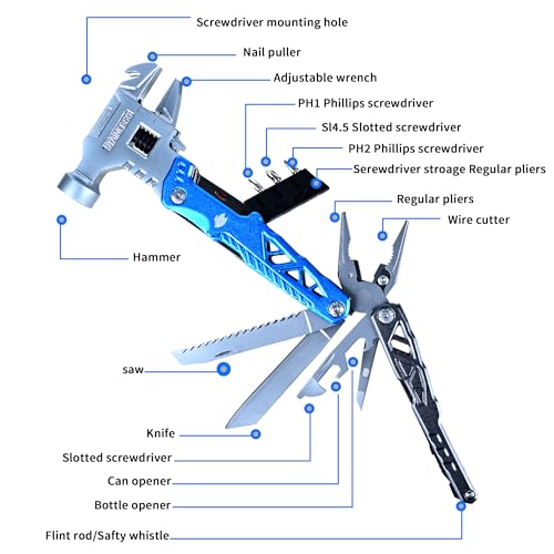 18-in-1 Multipurpose Tool Kit, Survival Camping Gear & Fishing Gifts for Dad - Multitool with Hammer, Pliers, Screwdriver and Pocket Knife for Men