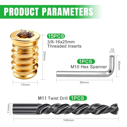 Twidec/17PCS 3/8-16 Threaded Inserts for Wood Furniture Screw-in Nut Wood Inserts Bolt Assortment Kit with Hex Wrench and Drill Bit(3/8-16x25mm) - size: 3/8"-16x25mm