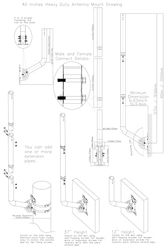 40" Heavy Duty Adjustable Antenna Wall Mount – 430 Stainless Steel J-Pole Solid Mast Bracket for Starlink (Adapter Required), TV Antennas, Weather Stations – 1.38" OD Pivot Base (Silver) - color: 40‘’ Long Wall Mount Silver