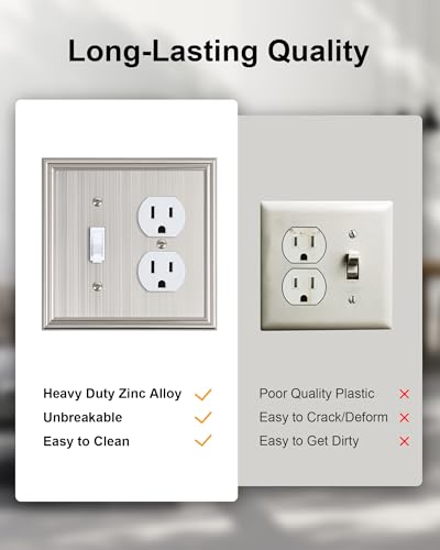 2-Pack Zinc Alloy Combo Toggle/Duplex Light Switch Cover Plate - color: Brushed Nickel, size: 1 Toggle/1 Duplex 2PK