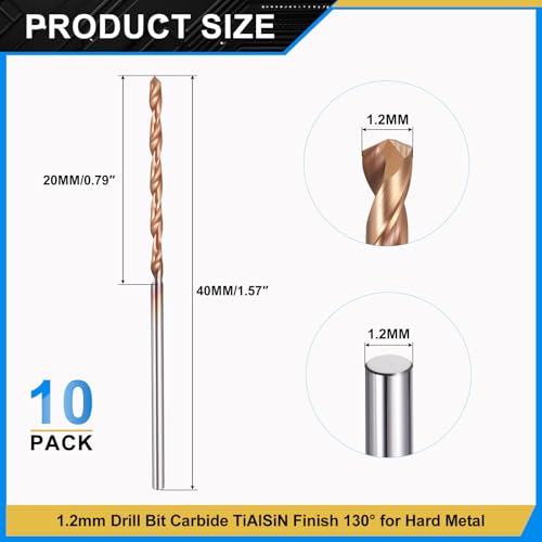 PATIKIL 1.2mm Drill Bit Carbide for Stainless Steel Hard Metal 130° 10 Pack - size: 1.2mm