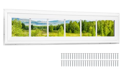 NeatiEase Vinyl Transom Window, 10" x 42" Fixed Glass Household Windows with Grids and Dual-pane Tempered Glass for House, Shed, Doors, Garage, Chicken Coop, Basement (White) - size: 10"x42"