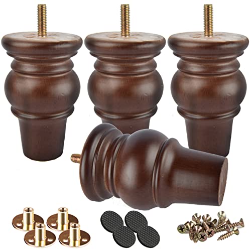 4 inch Solid Wood Bun Furniture Legs, 4Pcs with M8 Bolts, Walnut - color: Walnut