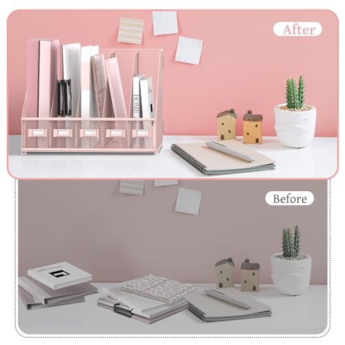 SUPEASY Desk Organizers Metal Desk Magazine File Holder with 5 Vertical Compartments Rack File Organizer for Office Desktop, Classroom, Home Workspace, Pink - color: Pink, size: Small