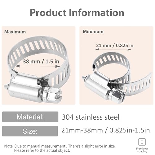1-1/2 Inches Hose clamps, 304 Stainless Steel Worm Gear Hose Clamps,10 Pcs Fuel Line Pipe Clamps - size: 0.8 in - Φ21~38 mm