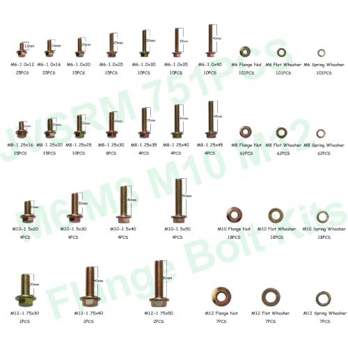 751Pcs Metric Flange Bolt Assortment, Metric Bolt Assortment Kit - size: M6x1.0, M8x1.25, M10x1.5, M12x1.75