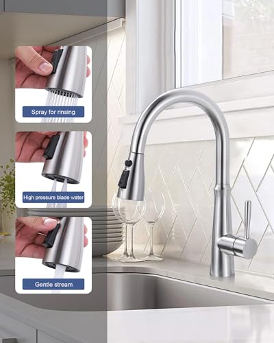 Metal Kitchen Faucet Spray Head Replacement 3 Modes with 9 Adapters - color: Brushed Nickel