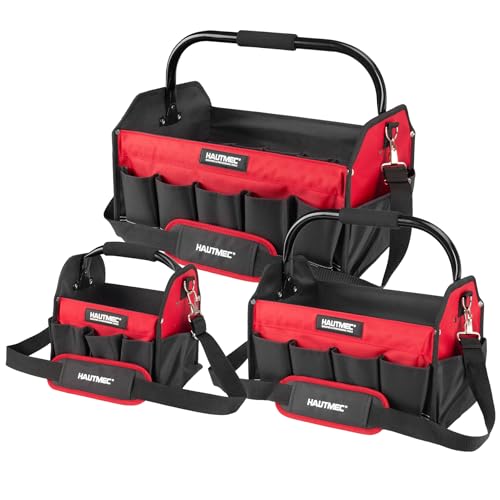 HAUTMEC 3PCS Heavy-Duty Tool Tote Bag Set, 1680D Large Tool Bags with Rigid Frame, Foldable Handle & Padded Shoulder Strap, Water-Resistant Hard Base, Multi-Pocket Tool Box Organizer – HTTBH25052 - style: Tool Tote | 3-Piece