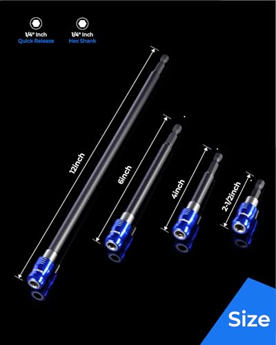toolant 4pc Magnetic Drill Bit Extension Set, 2.5"/4"/6"/12", Anti-Wobble, 1/4" Hex - size: 4PCS