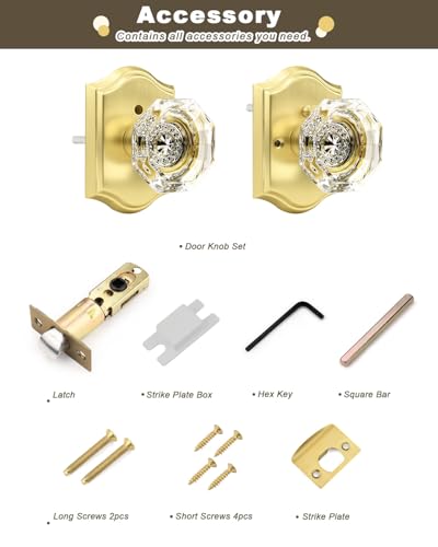 Gobrico Privacy Door Lock Sets Crystal Knobs Heavy Duty Door Hardware,Keyless Bath/Bed Door Knobset with Lock Inside,Push Pin Button,Satin Brass/Gold Arched Rosette,5 Pack - color: Satin Brass