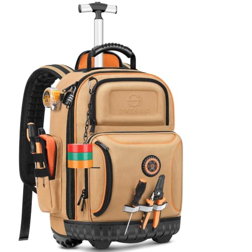 Rolling Tool Backpack with Wheels, 16" Heavy Duty Tool Bag with Molded Base - color: Brown
