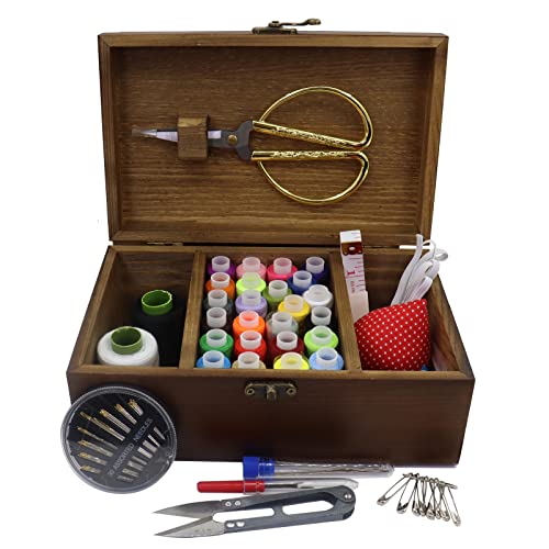 Flytreal Sewing Kit Box Basket, Wooden Hand Home Sewing Repair Tool Kit, Beginner Universal Sew Kit Accessories for Women, Men, Adults, Girls, Kids (Retro Dandelion) - color: Retro Dandelion