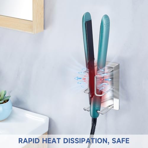 Hair Dryer and Straightener Holder Wall Mounted, Curling Iron Holder Adhesive, Blow Dryer Holder Wall, Bathroom Hair Tool Organizer for Flat Irons,Curling Wands,Styling Tools (Silver, 1Pc)