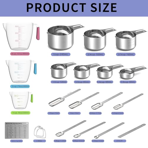 Stainless Steel Measuring Cups and Spoons Set, 6 Stainless Steel Measuring Cups, 7 Measuring Spoons & 1 Leveler, 3 Plastic Measuring Cup with 1 Measuring Conversion Chart