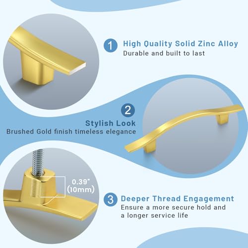 KNOBWELL 30 Pack 3 inch Hole Center Matte Gold Kitchen Cabinet Pulls,Wave Style Modern Dresser Pulls Hardware Kitchen Cabinet Handles for Bathroom Bedroom Vanity,Zinc Alloy - color: Brushed Gold, size: Hole Center：3 inch（76mm）