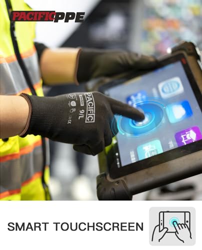 PACIFIC PPE PU Coated Grip Work Gloves, Touchscreen, Seamless Knit, Large - color: Black (18 Pairs), size: Large(Fits like M)
