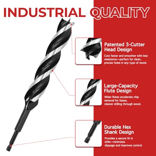 Auger Drill Bit Set for Wood – 8pcs Hex Shank Wood Drill Bits with Patented 3-Cutter Head, 6" Long, 3/8" to 1-1/4", Precision Woodworking Bits with Wooden Storage Box - size: 3/8"-1-1/4" x 6", 8 Pcs