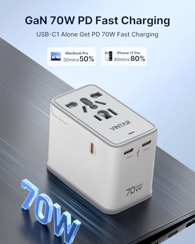 VINTAR Universal Travel Adapter 70W GaN, 5-in-1 with 3USB-C PD & 1USB-A QC - color: 70W White2
