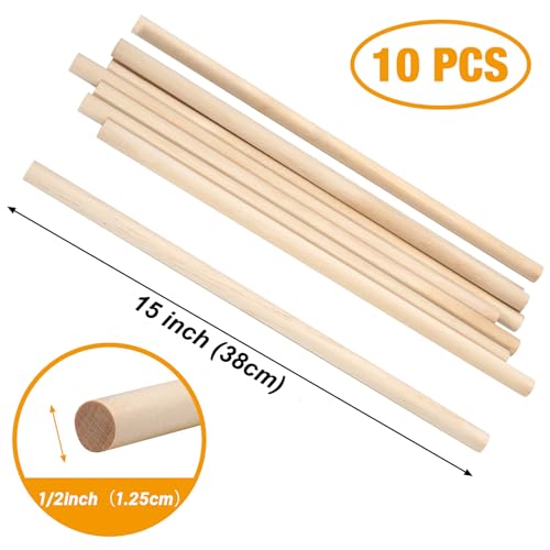Wooden Dowel Rods Wood Dowels for Crafts 1/2 x 15 Inch, 10 PCS Macrame Wood Rods Wooden Craft Sticks, Unfinished Round Birch Hardwood Sticks for Cake Support, Photo Booth Props, Wands, Flags - size: 1/2"×15"-10 PCS