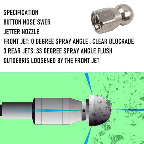 Hourleey Sewer Jetter Kit for Pressure Washer 150FT, 4000 PSI Drain Cleaner Hose 1/4 Inch NPT, Corner Rotating and Button Hose Sewer Jetting Nozzle Pearl Corsage Pin Tape Handle Strap Spanner, Green - size: Green-150 FT