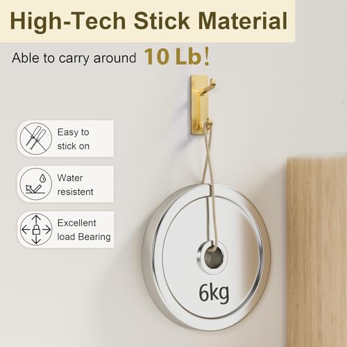 Self Adhesive Wall Hooks for Hanging: Extra Strong 13 LB, Hook for Coat, Towel in Bathrooms, Shower, Kitchen, Wall, Door Hook, Gold 12 Pack - color: Gold, size: 12 Pack