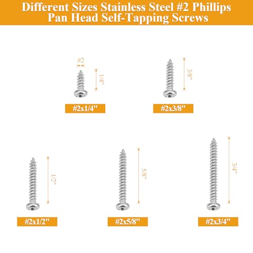 255 Pieces #2 x 1/4" 3/8" 1/2" 5/8" 3/4" Wood Screws Set, Phillips Pan Head #2 Self-Tapping Screws Assortment Kit, 304 Stainless Steel - size: #2, style: Phillips Pan Head