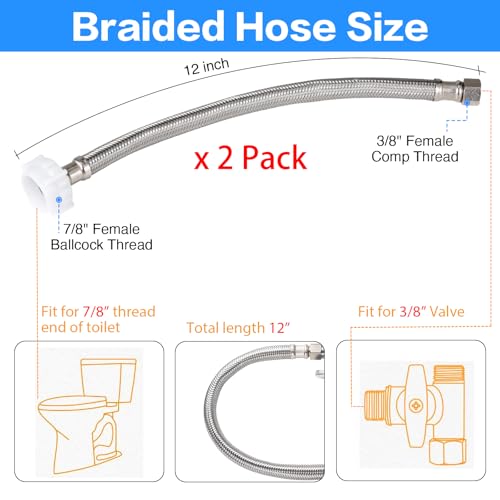 2Pack, PevePexe Toilet Hose Water Supply Line - 12" Length 3/8" COMP x 7/8" BC Braided Toilet Connector Hose - style: 12 inch ( 2 Pack)