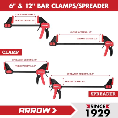 ARROW 4-Piece 6"(2) & 12"(2) Bar Clamps for Woodworking with 150LBS Force - size: 12"(2) & 6"(2)