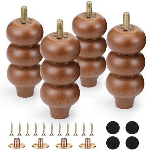 4 Inch Wood Furniture Legs Set of 4 Rubber Wood Couch Legs Round Furniture Replacement Mid Century Bun Feet for Desk Dresser Sofa Cabinet Ottoman Chair and Bed(Brown) - color: Brown, size: 4 Inch