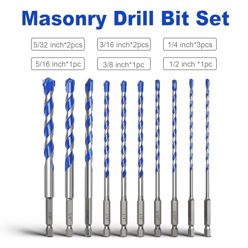 10 Pack 5/32 to 1/2 inch Concrete Drill Bit Set,Masonry Drill Bit Set - style: 5/32" - 1/2"（10 Pcs）