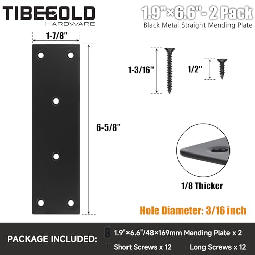 Mending Plate, Black Metal Flat Straight Brace Bracket, Double-Wide Metal Plate, Joining Plate for Wood Furniture Fence Fastening with Screws in 2 Different Lengths (48x169mm, 2 Pack) - size: 1.9"×6.6"/48*169mm