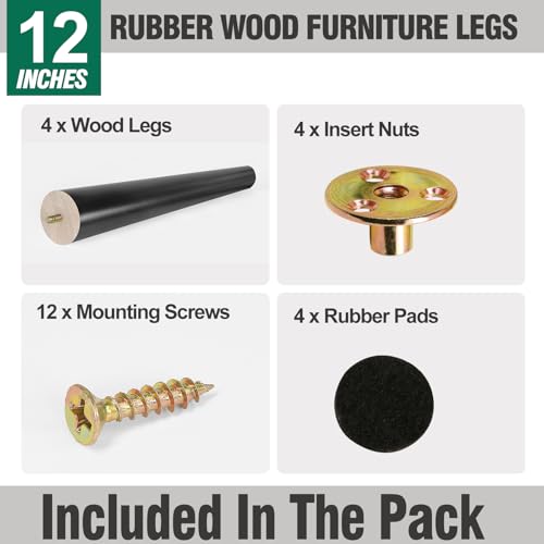 FoDau770 Rubber Wood Legs 12", Slant Taper, 5/16"-18 Thread, Black, 4pcs | Wood Couch legs - Mid Century Sofa Legs - Furniture legs Replacement for Cabinet Dresser Chair Ottoman - color: Black, size: 12 Inch - Slanted (80°)