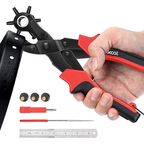 Revolving Punch Plier Kit, XOOL Leather Hole Punch Set for Belts, Watch Bands, Straps, Dog Collars, Saddles, Shoes, Fabric, DIY Home or Craft Projects, Heavy Duty Rotary Puncher, Multi Hole Sizes Make - style: Hole Puncher