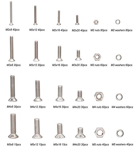 940pcs M2 M3 M4 M5 Phillips Countersunk Flat Head Machine Screws Hex Nuts Flat Washers Assortment - size: M2 M3 M4 M5 940pcs (Countersunk Head-304)