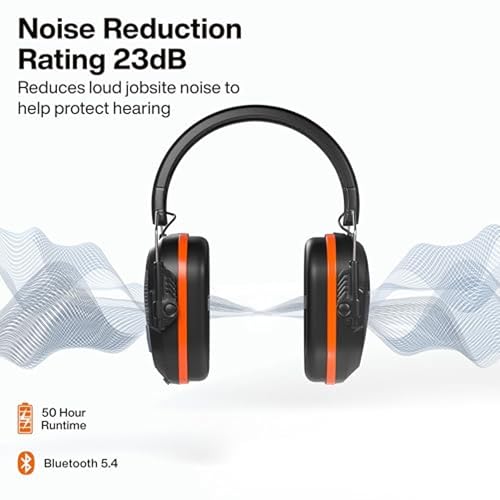 KLEIN TOOLS AESEM2 Slim Bluetooth 5.4 Hearing Protection Earmuffs, 23dB NRR, Rechargeable for Construction and Workshops, Noise Cancelling, Foam Cushions and 50 Hour Battery Life