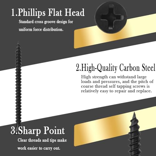 Drywall Screws Kit #6 x 2-Inch, Fine Thread Wood Screws, Bugle Head Phillips Drive Sheetrock Screws Set, Self Tapping Dry Wall Screws, Phosphate Coated Finish, Sharp Point, Black, 65 Pack - size: #6 x 2-Inch