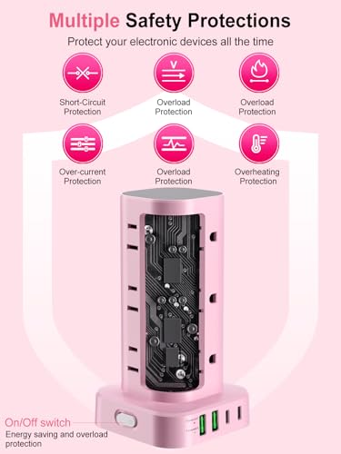6FT Power Strip Tower Surge Protector, 12 Wide Spaced Outlets, 4 USB - color: Pink, size: 6FT without Wireless Charging