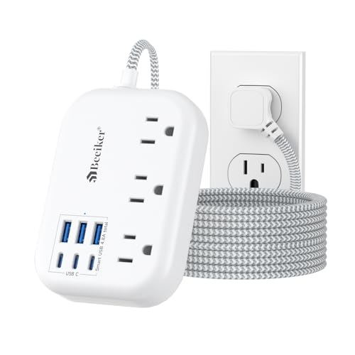 6 USB(3 USB C) Surge Protector Power Strip, 10 Ft Extension Cord,3 Outlets - size: White-10ft-24W-980J