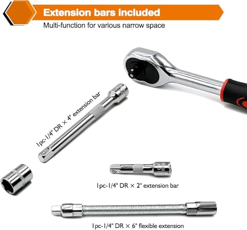 Egofine 46 Pieces 1/4 inch Drive Socket Ratchet Wrench Set, with Bit Socket Set Metric and Extension Bar for Auto Repairing and Household, with Black Storage Case - color: Black