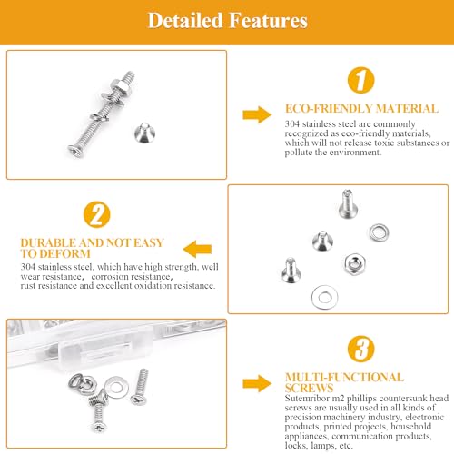 565 Pieces M2 Machine Screws Nuts Washers Set, Sutemribor M2 x 4/6/8/10/12/16/20mm Phillips Countersunk Head Machine Screws Nuts Washers Assortment Kit, 304 Stainless Steel, Fully Threaded - size: M2, style: Phillips Countersunk Head