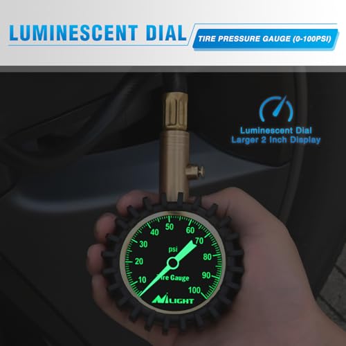 Nilight 100PSI Tire Pressure Gauge Glow Dial 14" Extended Hose - color: Night Glow Tire Gauge