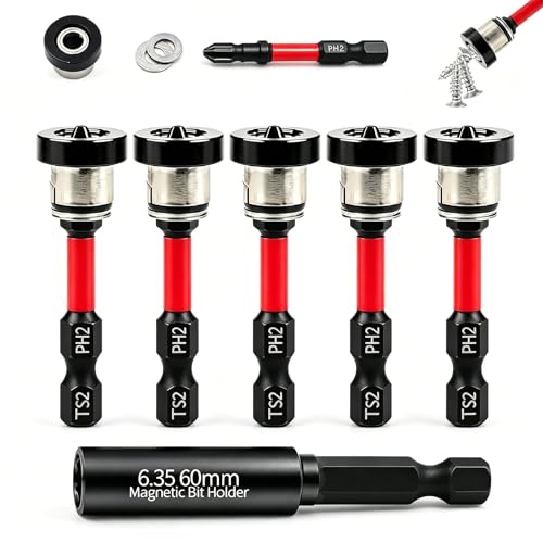 6pcs Drywall Screw Setter Set, 1/4" Hex Adjustable Depth Positioning Bits with Magnetic Bit Holder Extension Bar, Magnetic Positioning Screwdriver Bits, for Sheetrock and Plasterboard Screws (Red) - color: Red