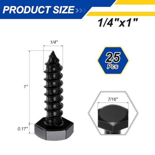 25 Pcs Hex Head Lag Screws 1/4"x1" SS 18-8 (304) Lag Bolts - color: Black, size: 1/4"x1"