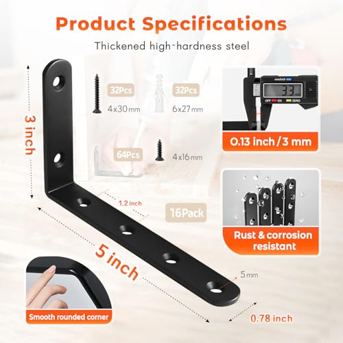 WINKER Corner Brace 16Pcs Shelf Bracket Heavy Duty Black Steel L Corner Brace, Decorative Joint Angle Bracket for Shelf 5 InchX3 Inch Shelves Wall Hanging Bracket with Screws5 InchX3 Inch(16PCS)) - color: Black-16pack, size: 5"Lx3"Wx0.78"W
