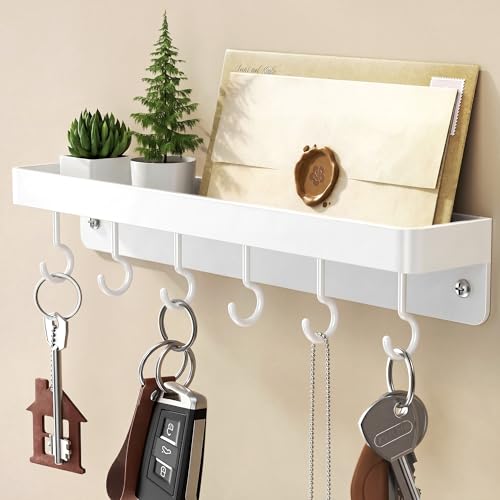 niffgaff White Key Holder Wall Mount, Stainless Steel Self Adhesive Hooks Rack with Shelf, No Drill Key Hanger for Door and Wall - color: White