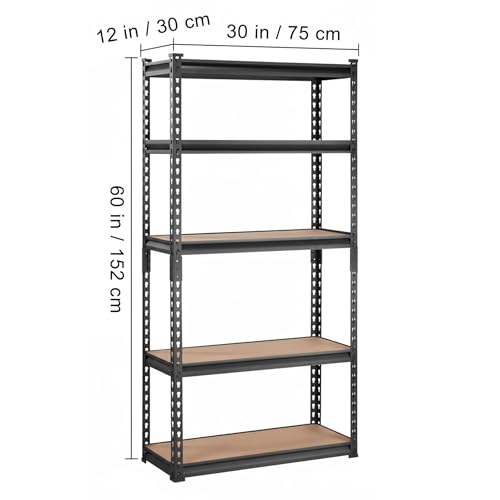 Storage Shelving Unit, 5-Tier Adjustable Metal Storage Shelves, 30" L x 12" W x 60" H Heavy Duty Garage Storage Shelves for Kitchen Pantry Basement Bathroom Laundry
