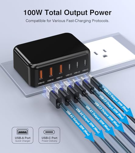USB C Charger, Flat 100W Max 6-Port Fast Wall Charger Charging Station Hub - color: Black