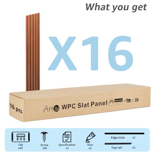 Art3d 48 x 6 Inch WPC Wood Slat Wall Panels, 3D Wall Accents, 16-Pack, Teak | Real Wood Grain, Durable, Water Resistant, Wear-Resistant, No Emission, Eco-Friendly, Easy to Care, for Living Room, Bedroom - color: Teak, size: 48" * 6"