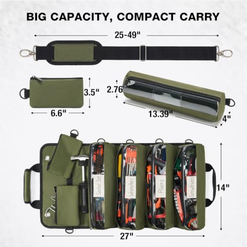 HISEA Roll Up Tool Bag Organizer, 27"*14" Portable Heavy Duty Tool Roll Bag - color: Green