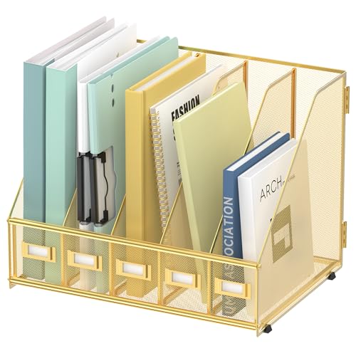 SUPEASY Desk Organizers Metal Desk Magazine File Holder with 5 Vertical Compartments Rack File Organizer for Office Desktop, Classroom, Home Workspace, Gold - color: Gold, size: Small